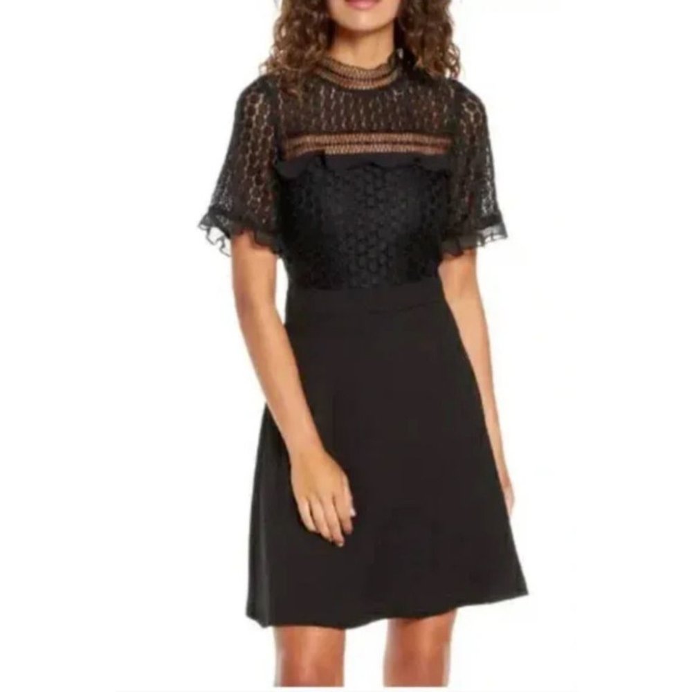 Chelsea28 Dress 6P 6 P Black A Line Short Sleeve Lace Wedding Party